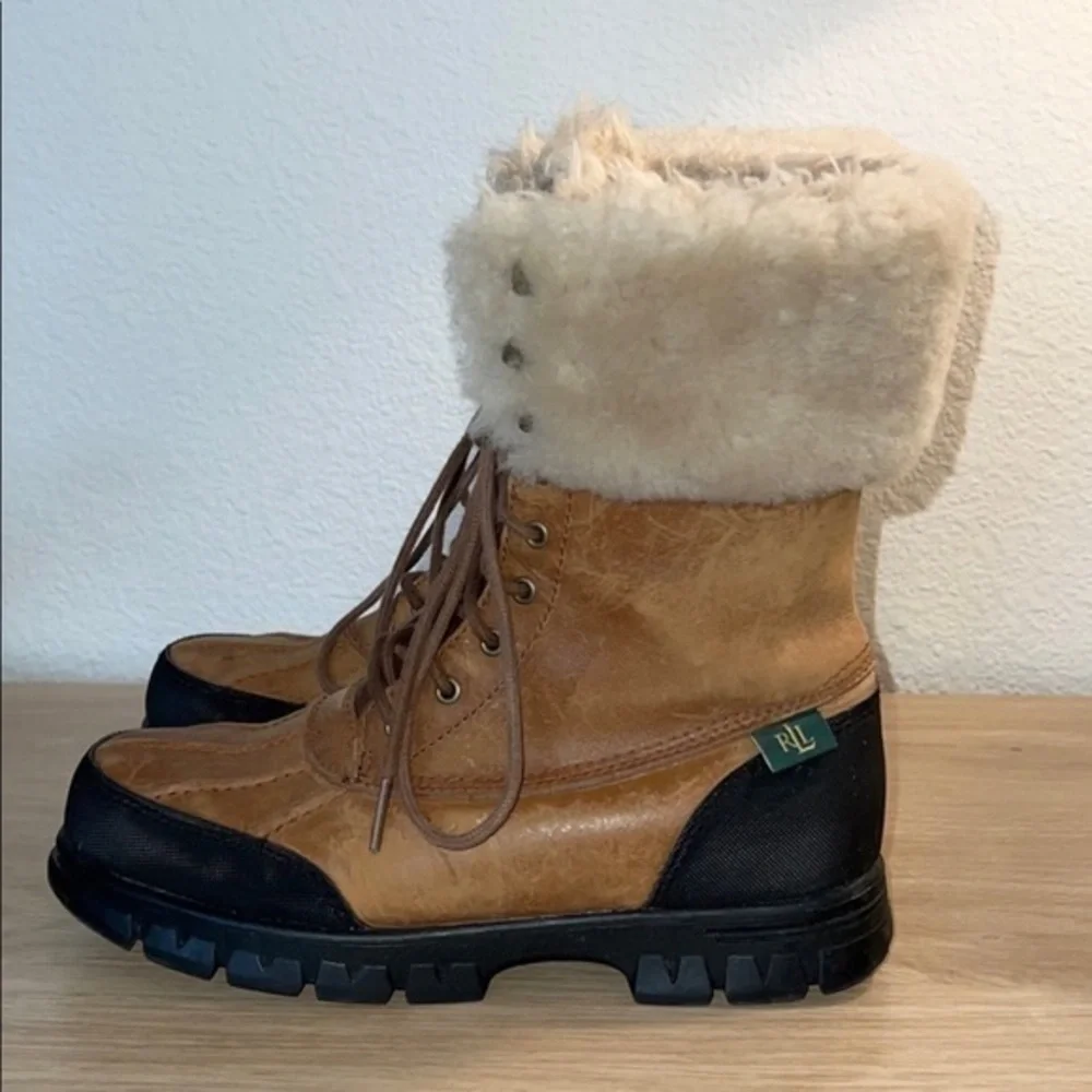 Ralph Lauren‎ Quinta Tan Brown Leather Shearling Mid Calf Winter Boots